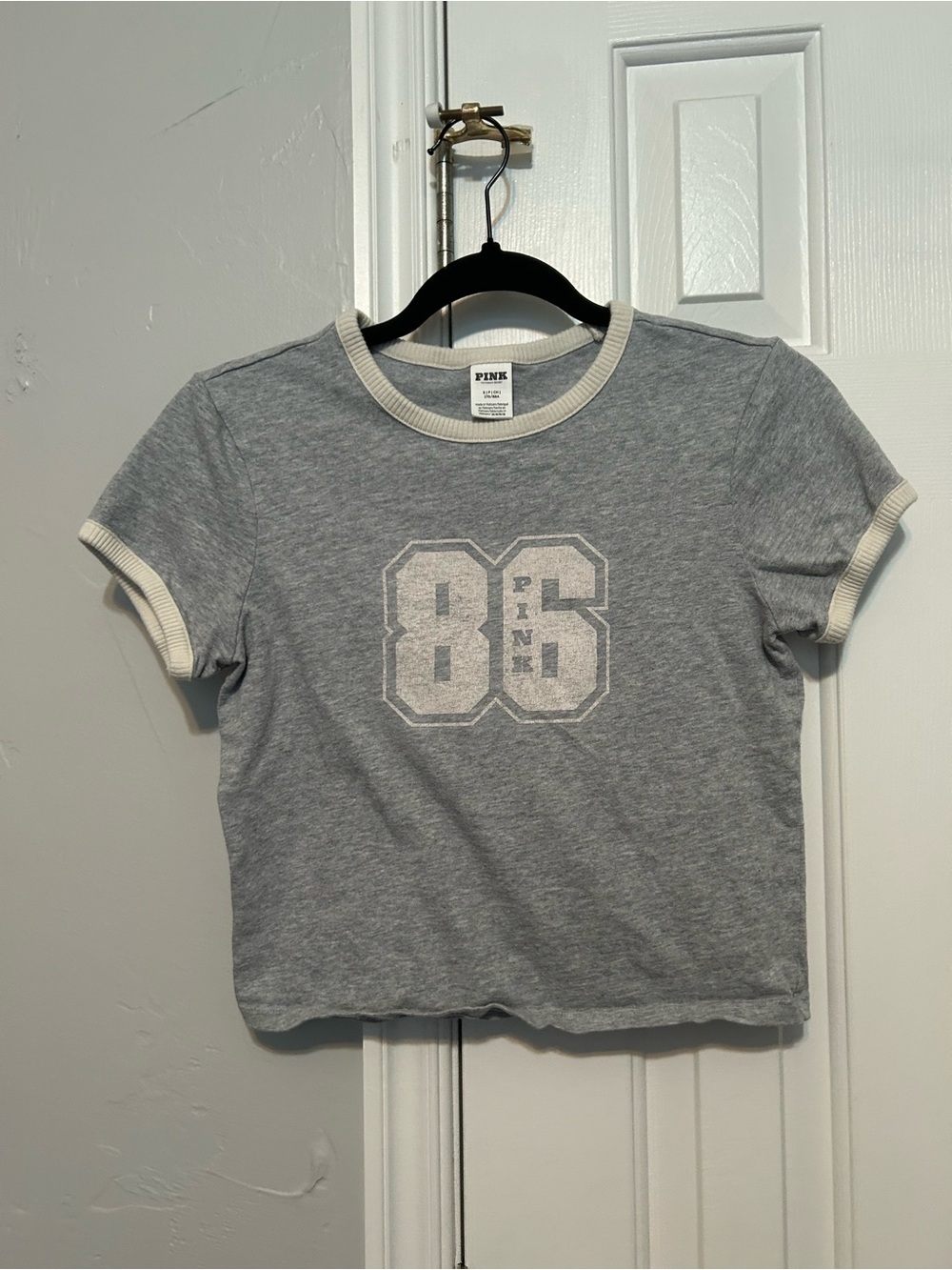PINK Victoria's Secret Heather Gray '86 Ringer Tee with Cream Trim